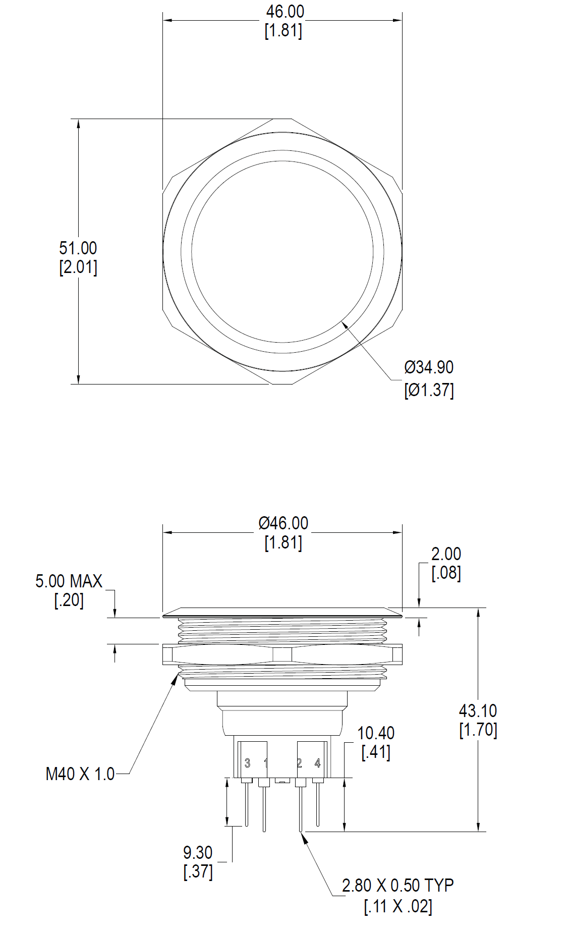 CIT DH40 Switch Dimensions non-illuminated