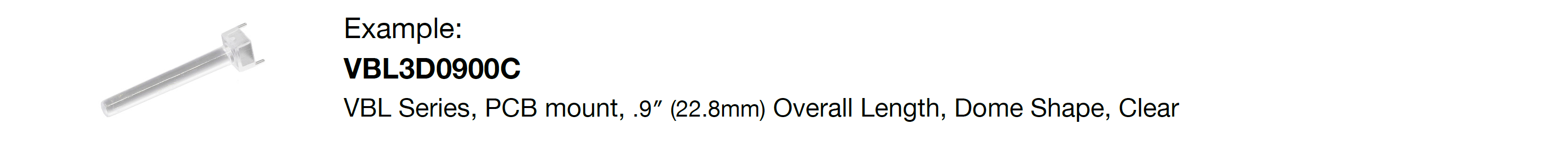 VBL light pipe part number code example